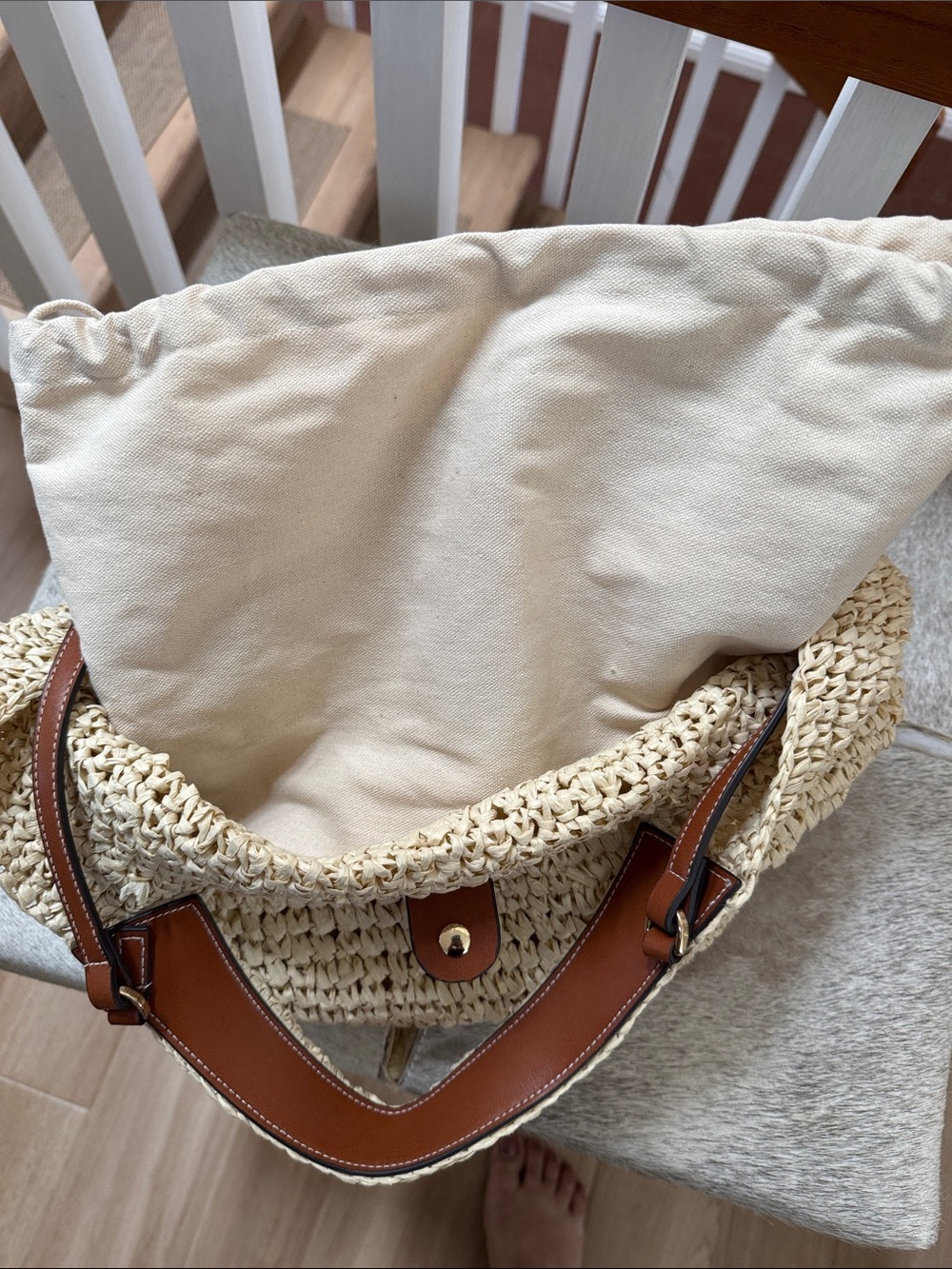 Mango Woven Straw Tote Bag with Brown faux Leather Straps - Picture 7 of 11